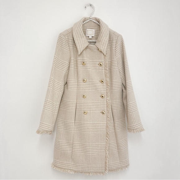 Sail to Sable Wool Blend Fringe Trim Double Breasted Plaid Coat in Cream Ivory - Picture 2 of 7